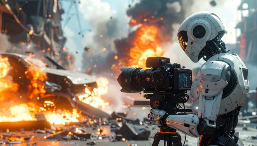 Firefly_A video production crew made up entirely of robots shoots a car crash scene 897549 Firefly_A video production crew made up entirely of robots shoots a car crash scene 897549