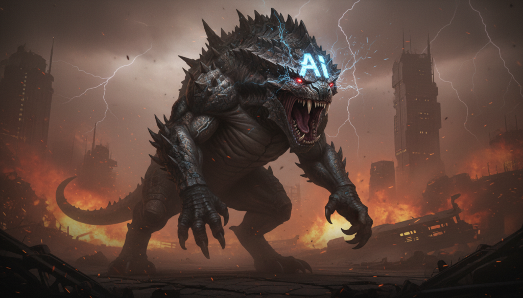 Firefly_Gemini Flash_A ferocious beast with the words -AI- on its forehead. 60260