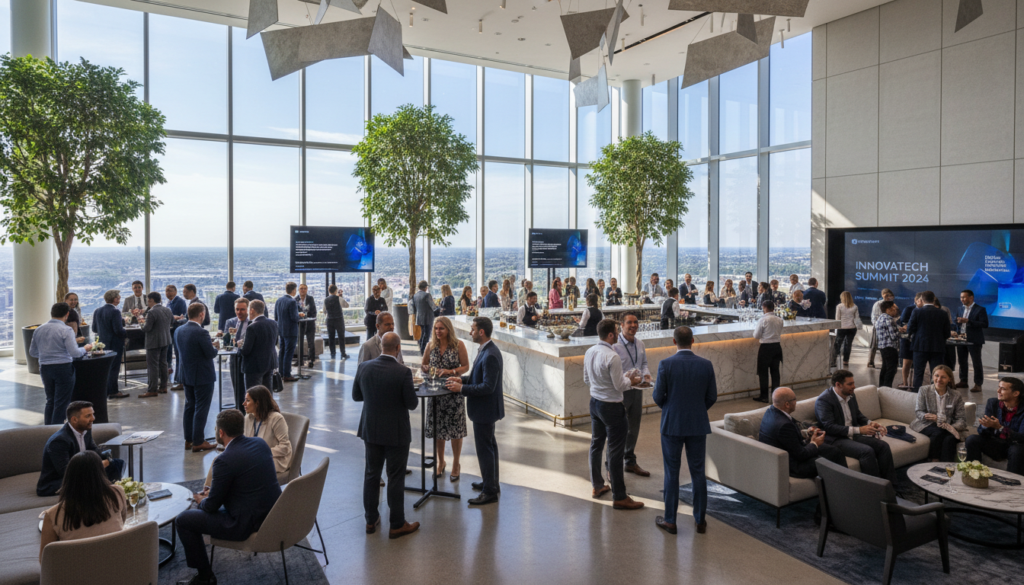 Firefly_a corporate event. People in a large lobby mingling and having small casual meetings 375206
