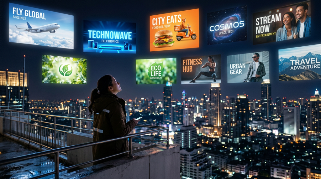 Firefly_Gemini Flash_a person looking at different marketing videos illuminated in the sky 540550