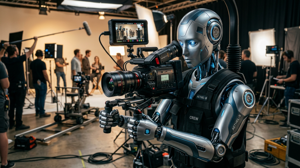 Firefly_Gemini Flash_An AI humanoid is holding a video camera. 699939